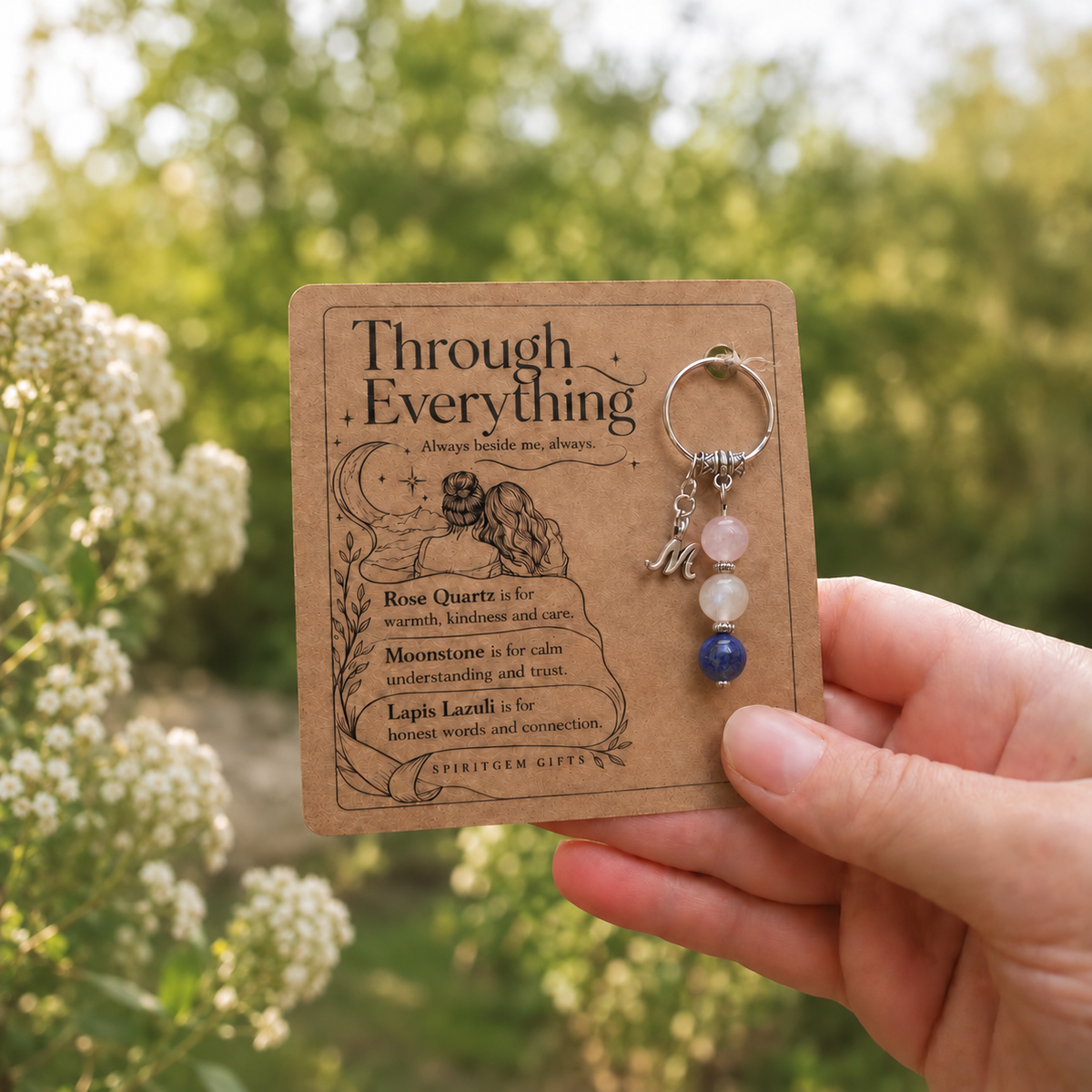 Through Everything friendship keepsake card with Rose Quartz, Moonstone and Lapis Lazuli keyring and M initial.