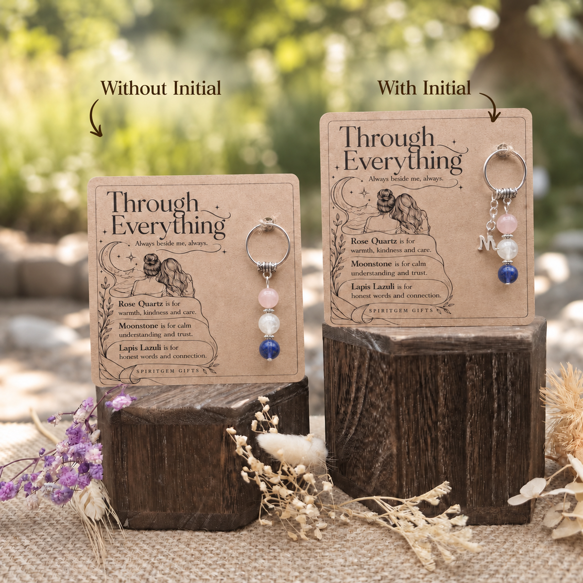 Through Everything friendship keepsake with Rose Quartz, Moonstone and Lapis Lazuli beads.