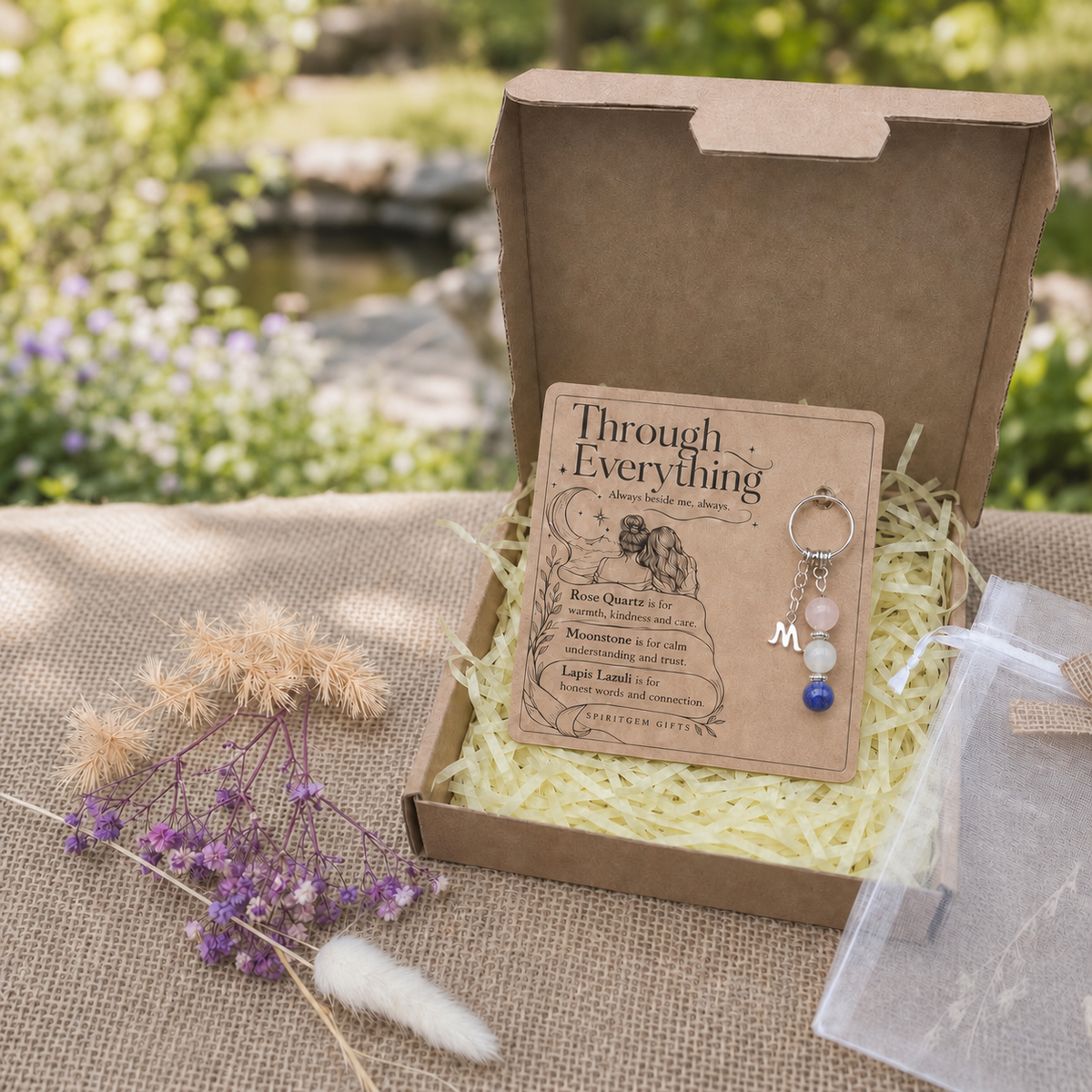 Through Everything friendship keepsake with Rose Quartz, Moonstone and Lapis Lazuli beads.