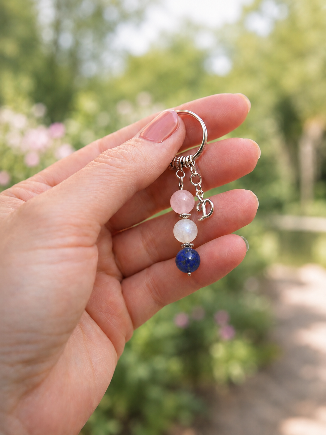 Through Everything friendship keepsake with Rose Quartz, Moonstone and Lapis Lazuli beads.