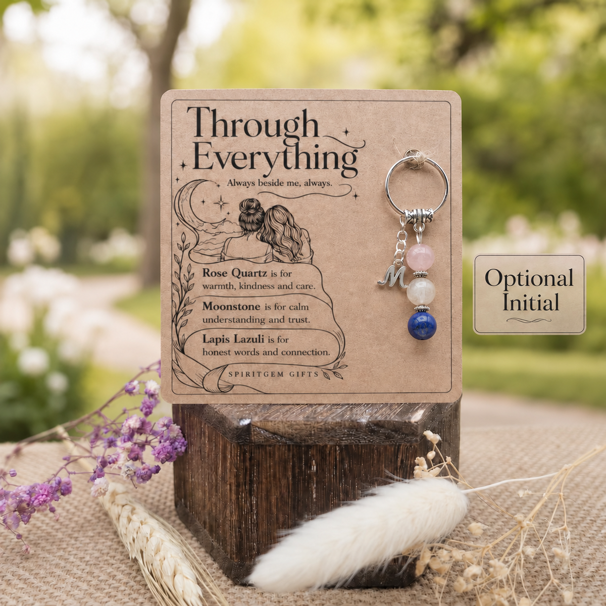 Through Everything friendship keepsake with Rose Quartz, Moonstone and Lapis Lazuli beads.