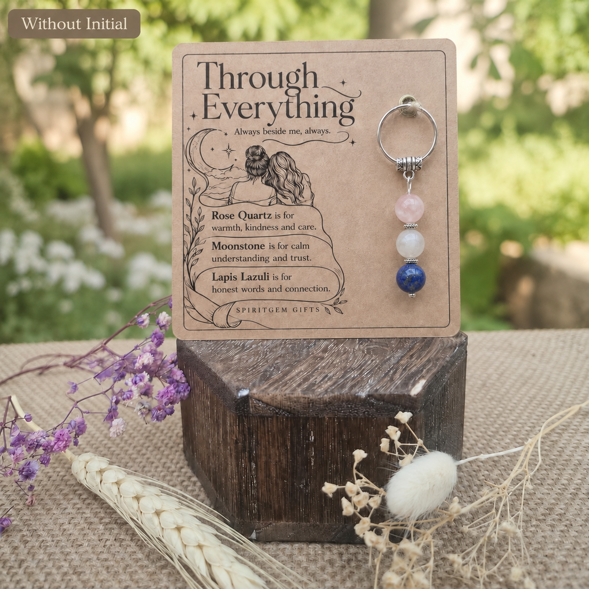 Through Everything friendship keepsake with Rose Quartz, Moonstone and Lapis Lazuli beads.