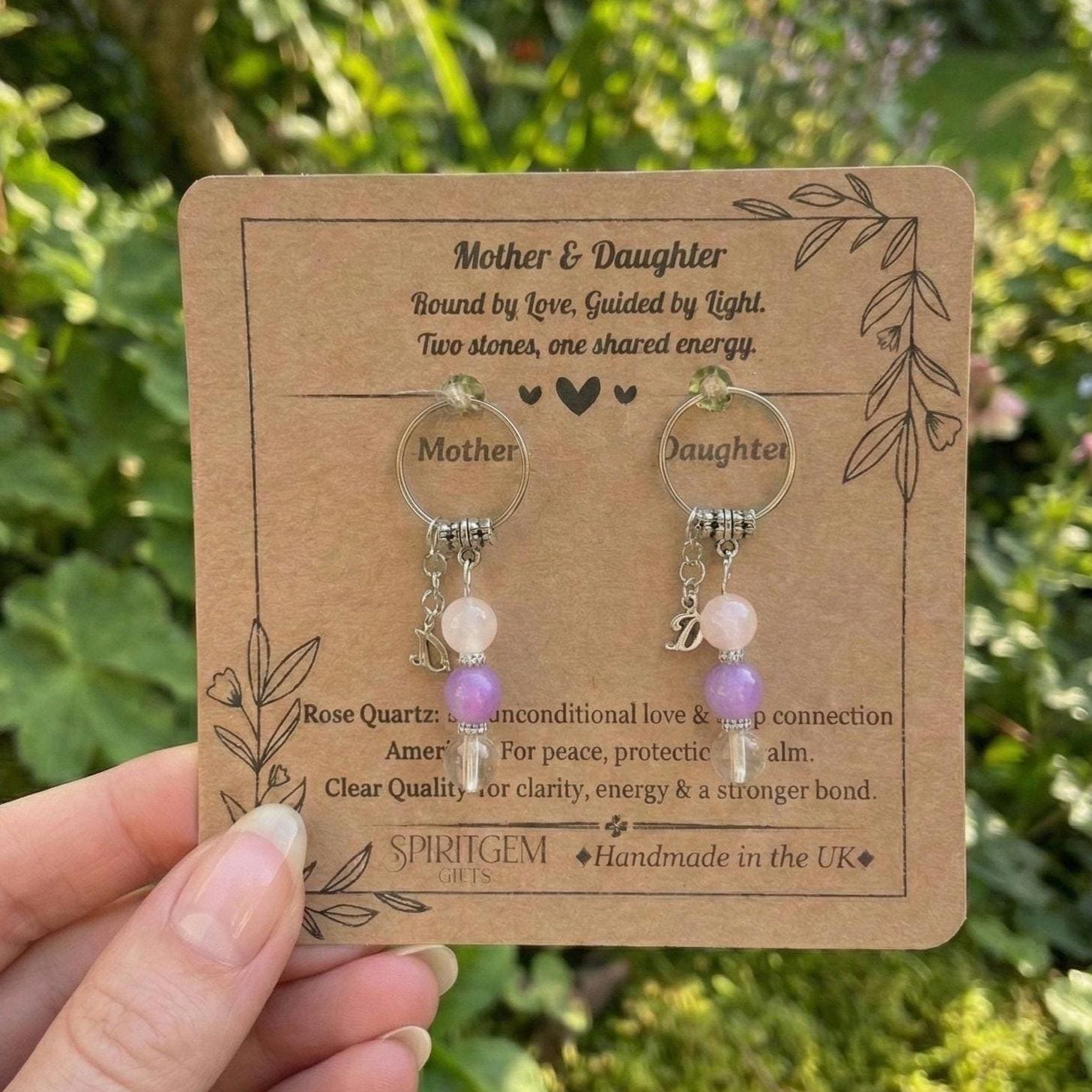 Mother Daughter Keychain Set, Rose Quartz Amethyst Crystal Keepsake, Handmade UK