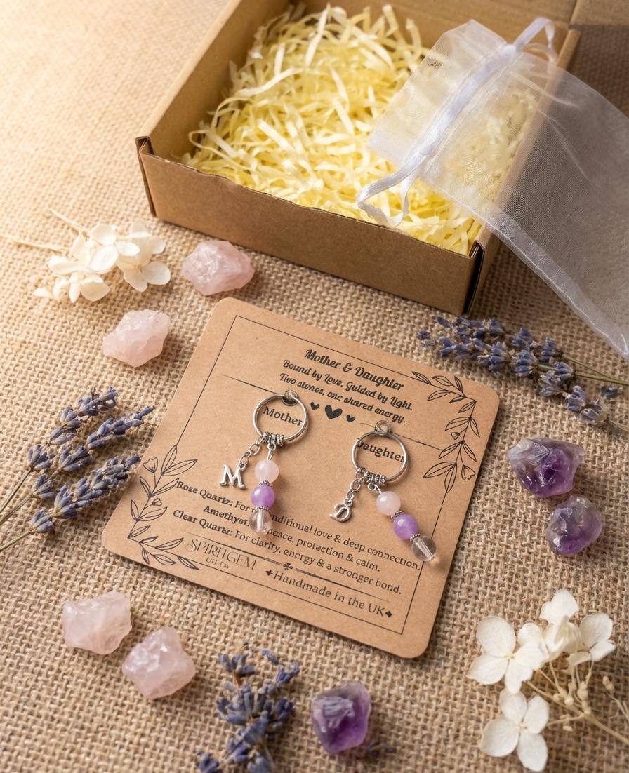 Mother Daughter Keychain Set, Rose Quartz Amethyst Crystal Keepsake, Handmade UK