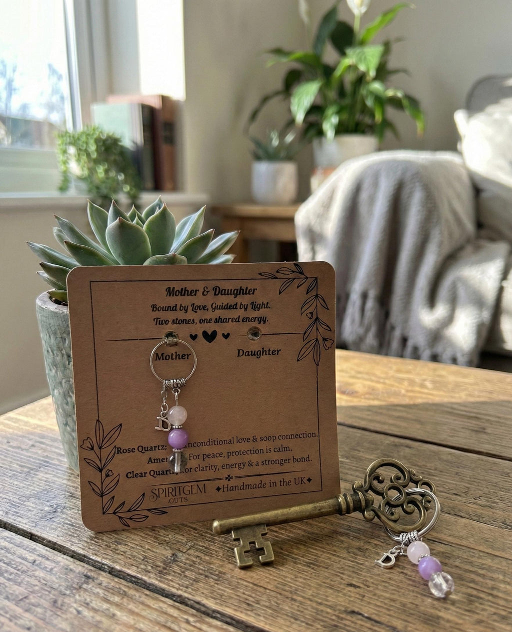 Mother Daughter Keychain Set, Rose Quartz Amethyst Crystal Keepsake, Handmade UK