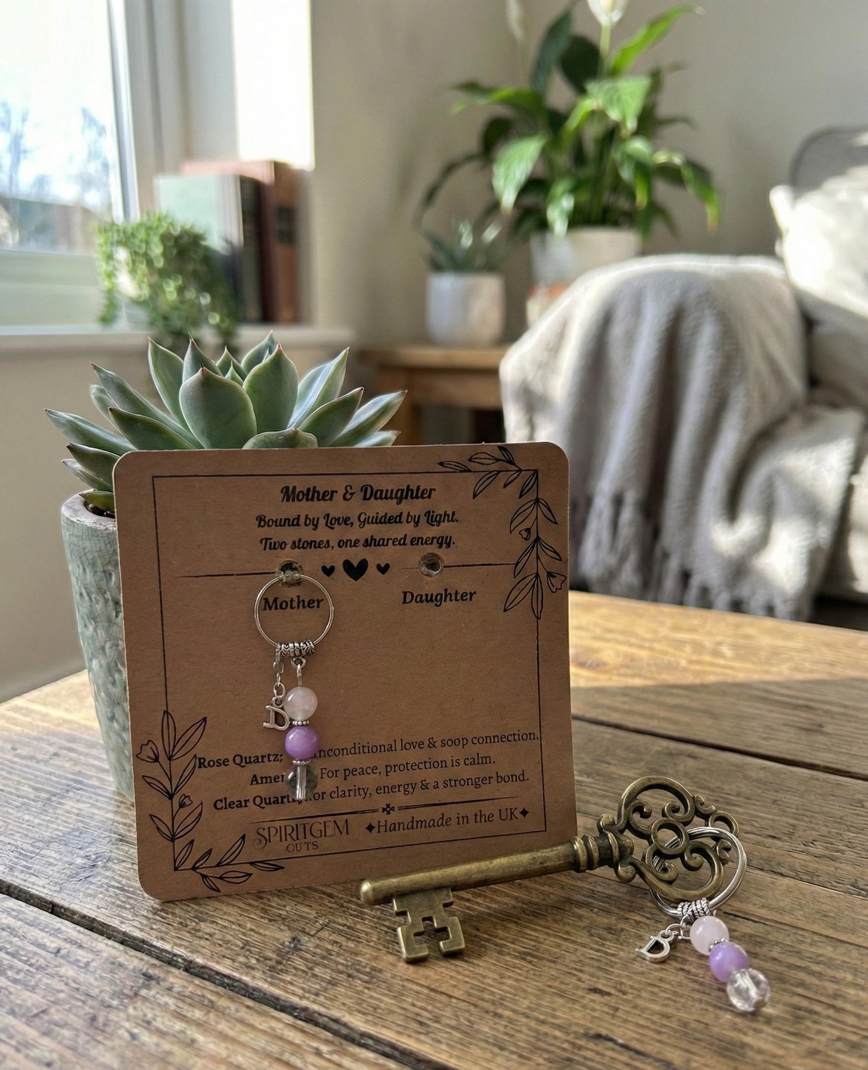 Mother Daughter Keychain Set, Rose Quartz Amethyst Crystal Keepsake, Handmade UK