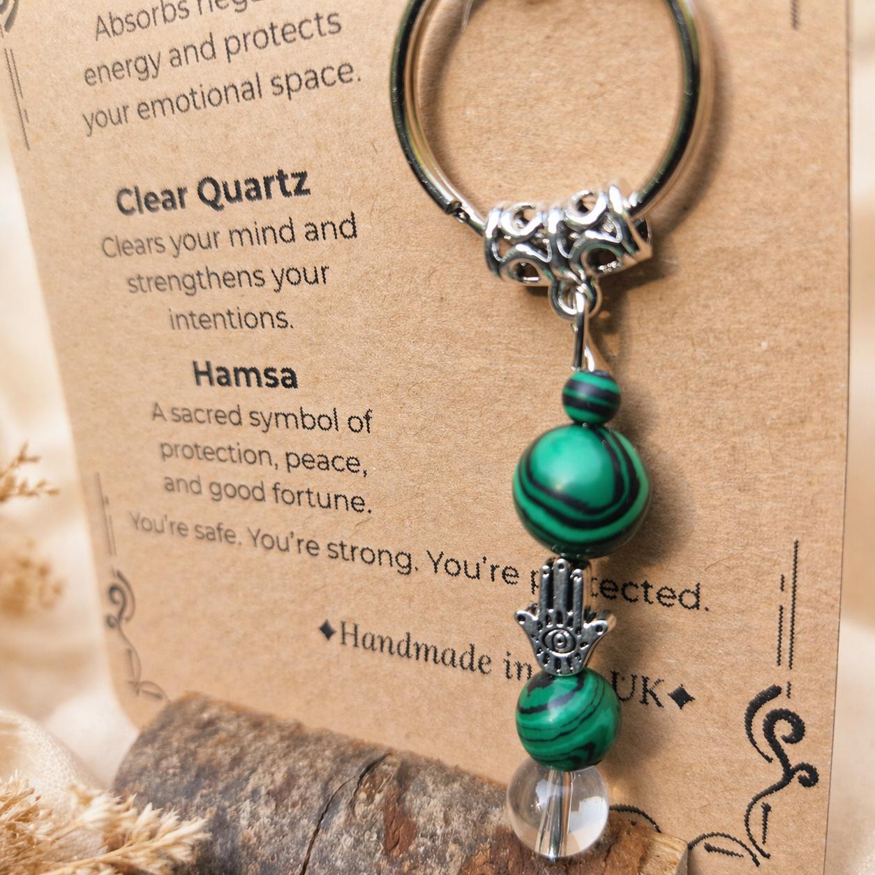Personalised Anxiety Relief Gift Malachite Clear Quartz Hamsa Keyring, , UK Handmade