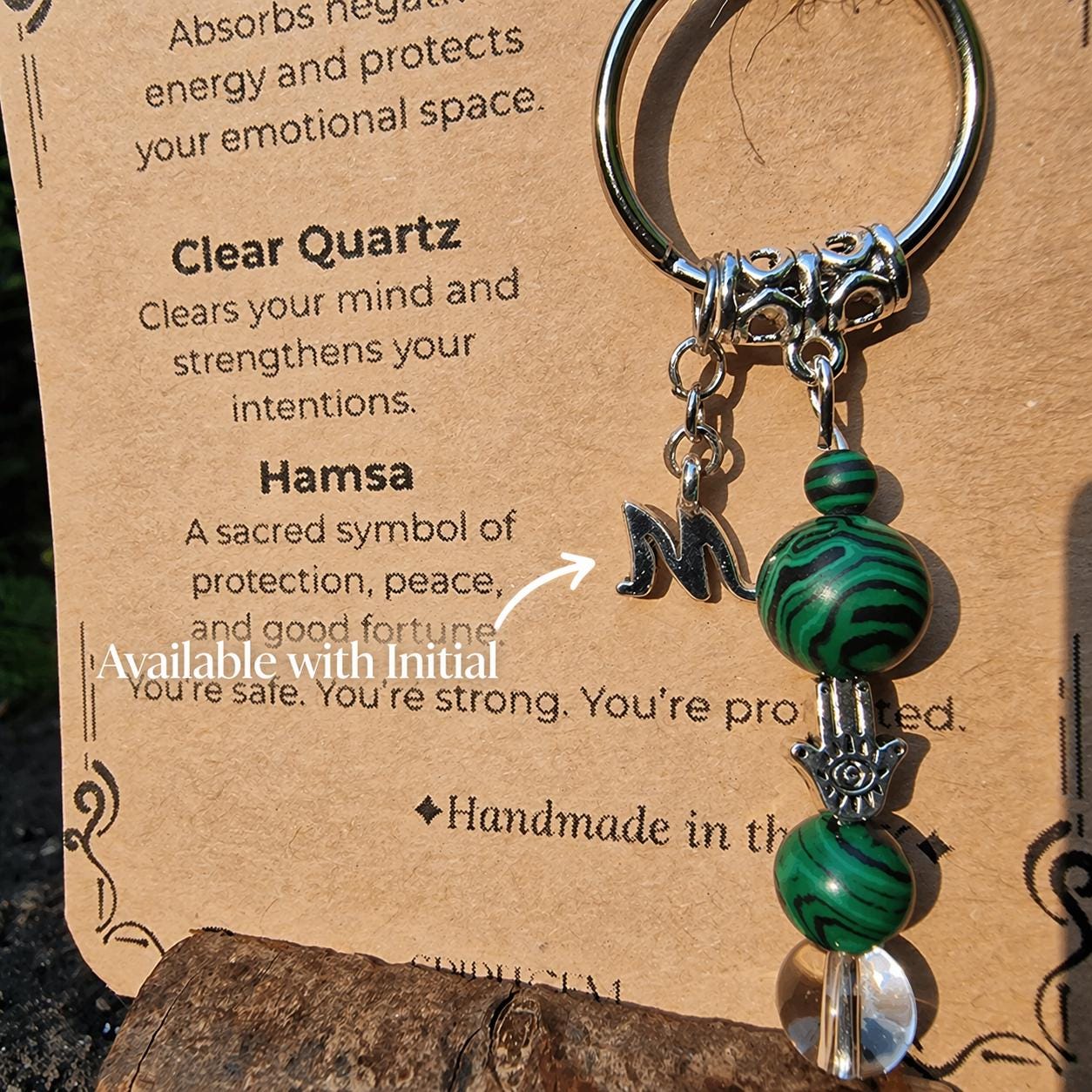 Personalised Anxiety Relief Gift Malachite Clear Quartz Hamsa Keyring, , UK Handmade