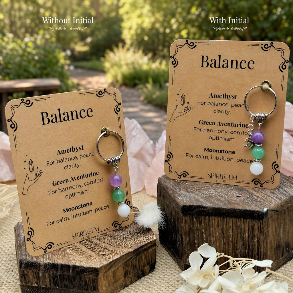 Personalised Balance Gemstone Keyring, Moonstone Amethyst Calm Harmony