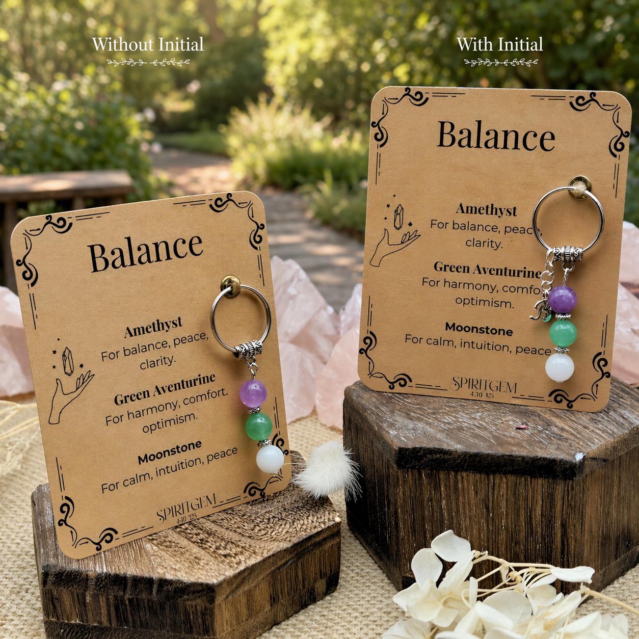 Personalised Balance Gemstone Keyring, Moonstone Amethyst Calm Harmony