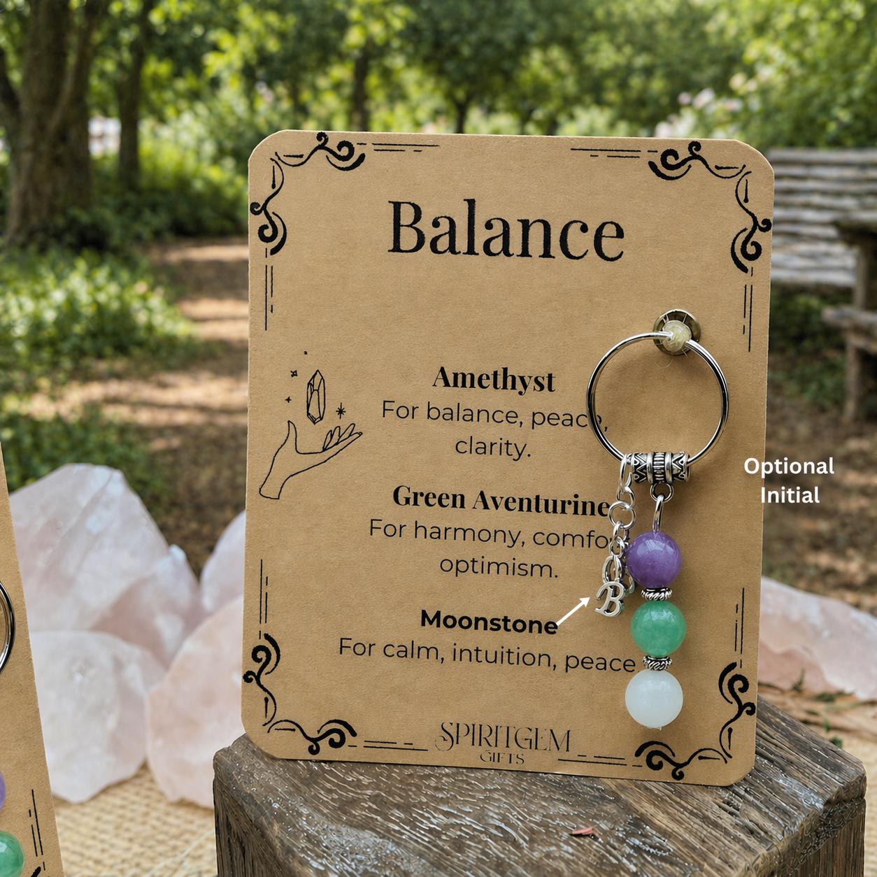 Personalised Balance Gemstone Keyring, Moonstone Amethyst Calm Harmony