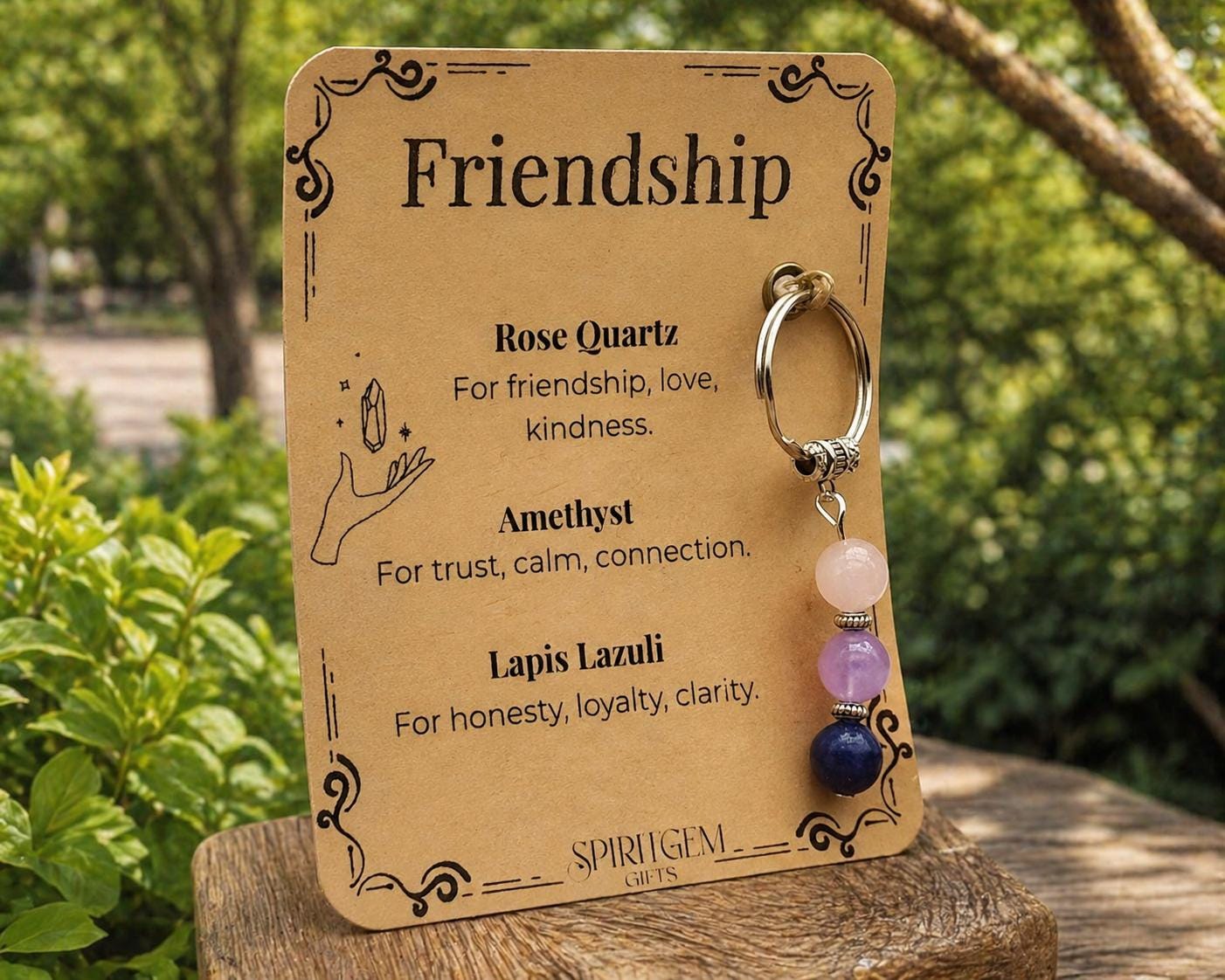 Friendship Keyring, Rose Quartz Amethyst Lapis Lazuli Gemstone Charm