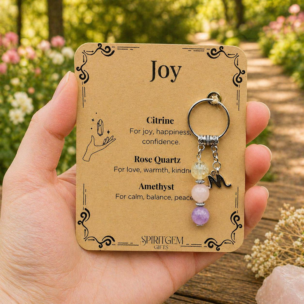 Personalised Gemstone Joy Keyring, Positive Vibes Token, Cheer Up Gift