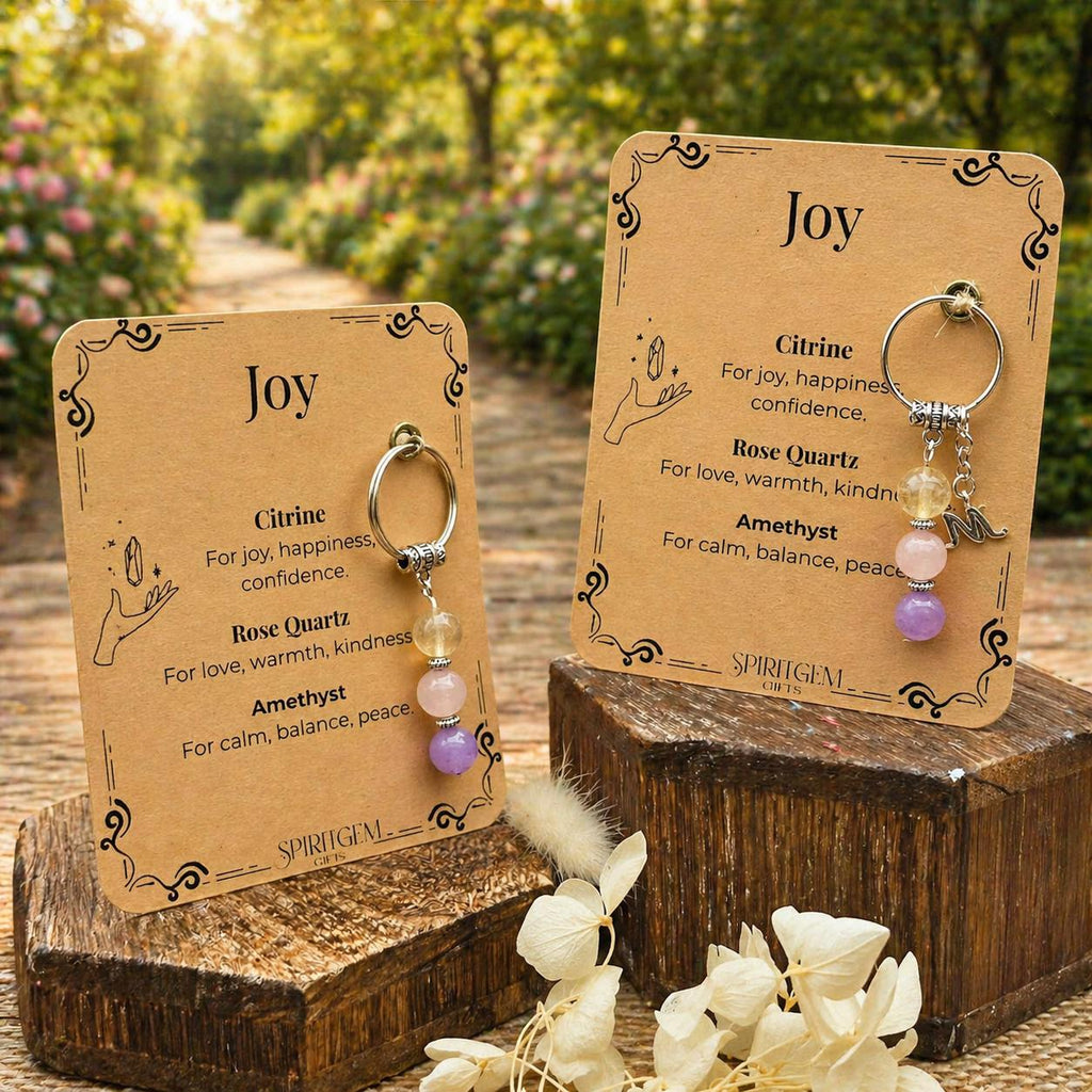 Personalised Gemstone Joy Keyring, Positive Vibes Token, Cheer Up Gift