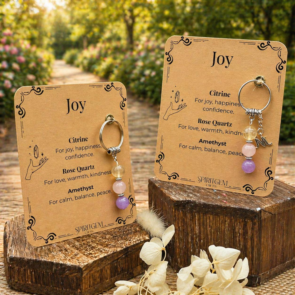 Personalised Gemstone Joy Keyring, Positive Vibes Token, Cheer Up Gift