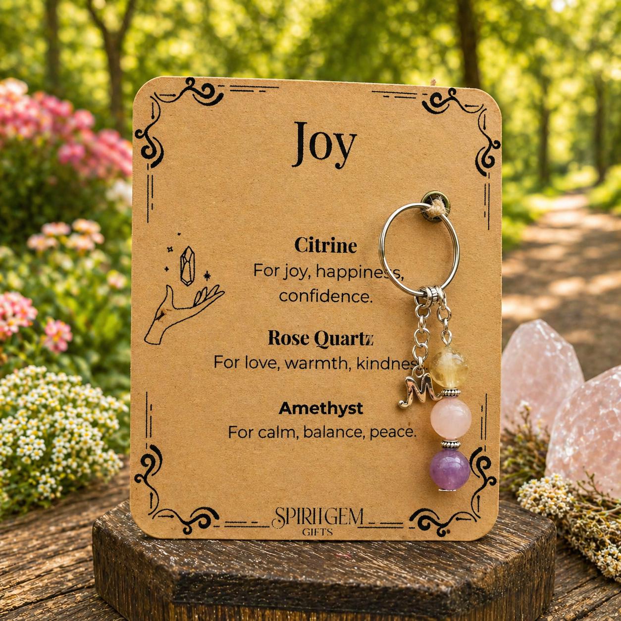 Personalised Gemstone Joy Keyring, Positive Vibes Token, Cheer Up Gift