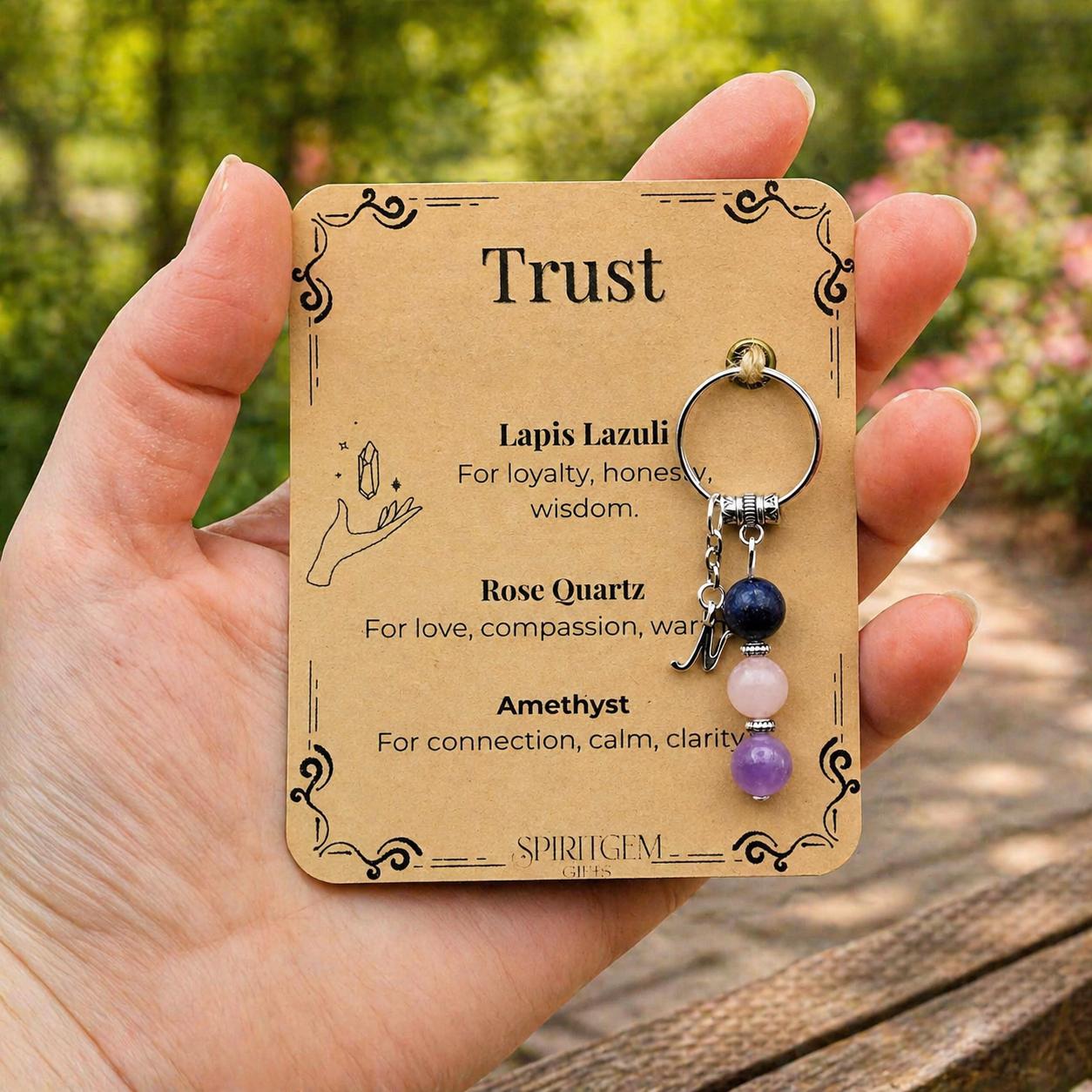 Personalised Trust Keyring, Lapis Lazuli, Rose Quartz, Amethyst, Loyalty Gift