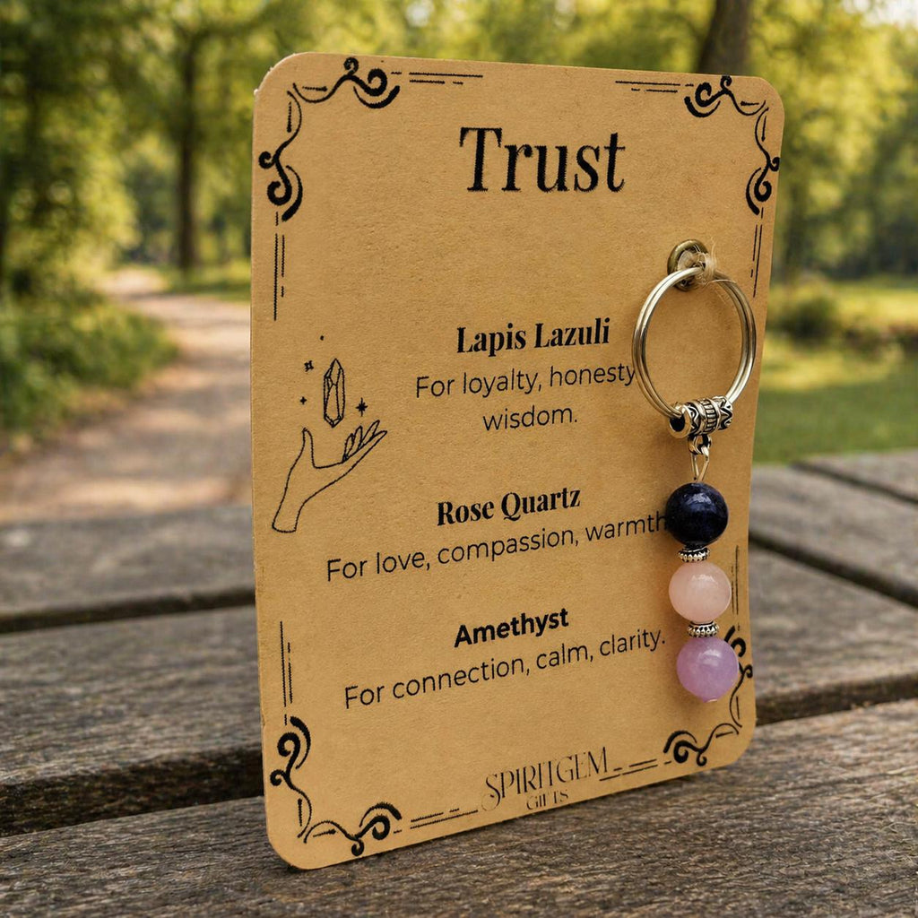 Personalised Trust Keyring, Lapis Lazuli, Rose Quartz, Amethyst, Loyalty Gift