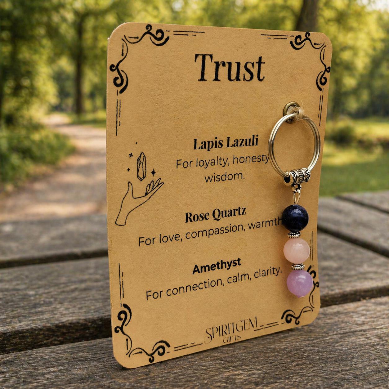 Personalised Trust Keyring, Lapis Lazuli, Rose Quartz, Amethyst, Loyalty Gift