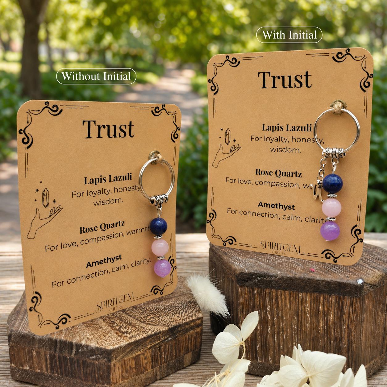Personalised Trust Keyring, Lapis Lazuli, Rose Quartz, Amethyst, Loyalty Gift