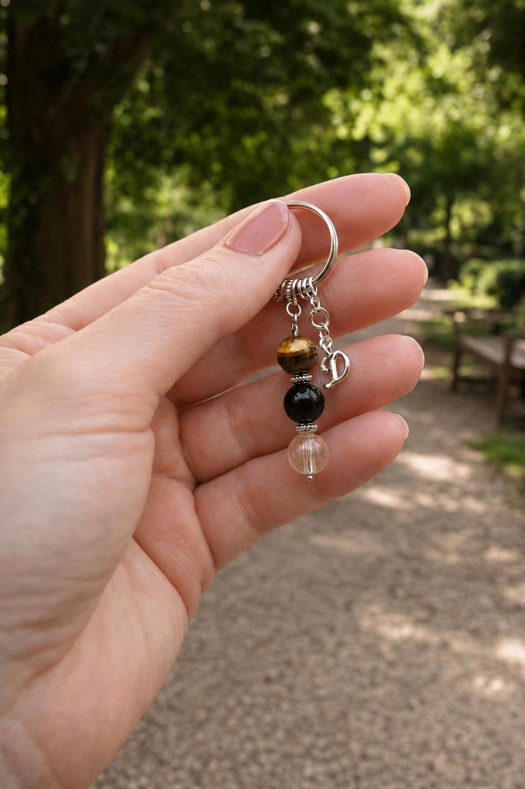 Personalised Uncle Crystal Keyring, Tiger Eye, Black Onyx, Clear Quartz, Gifts