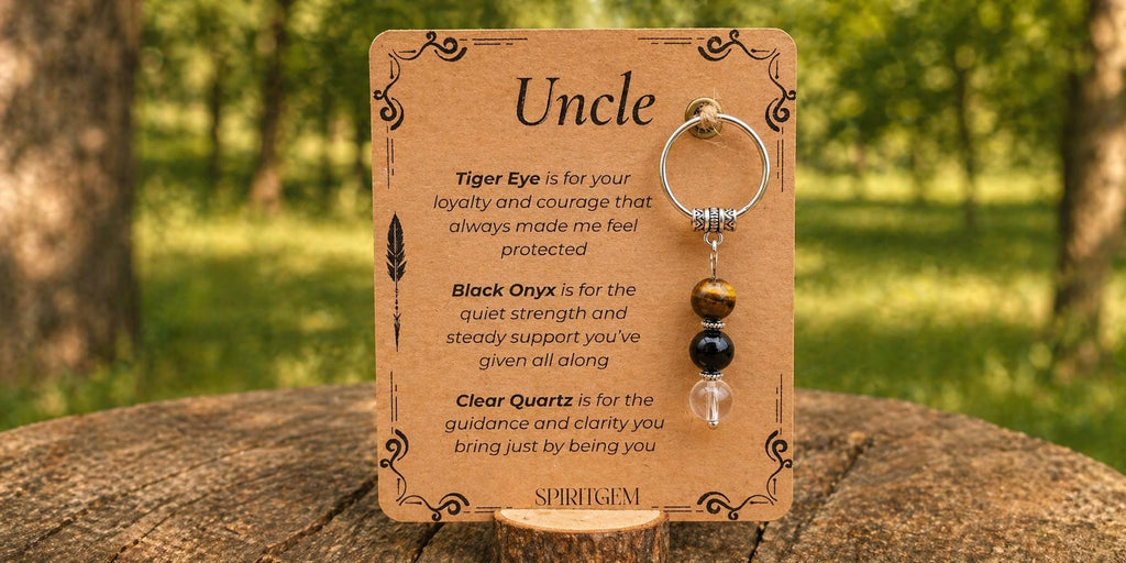 Personalised Uncle Crystal Keyring, Tiger Eye, Black Onyx, Clear Quartz, Gifts
