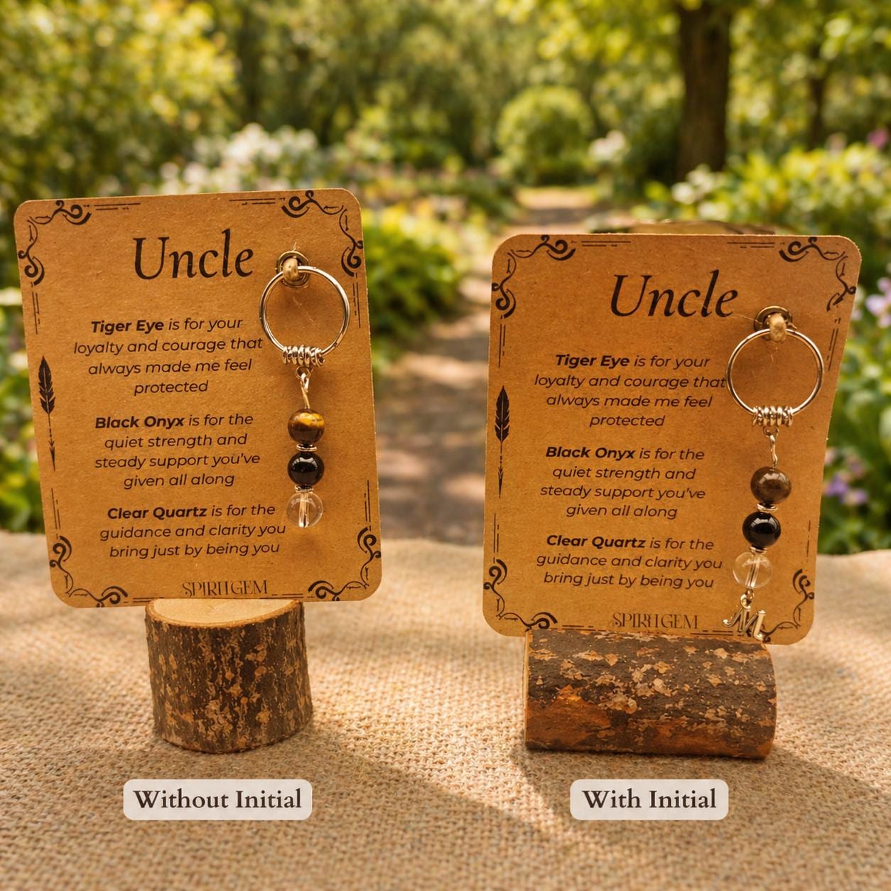 Personalised Uncle Crystal Keyring, Tiger Eye, Black Onyx, Clear Quartz, Gifts