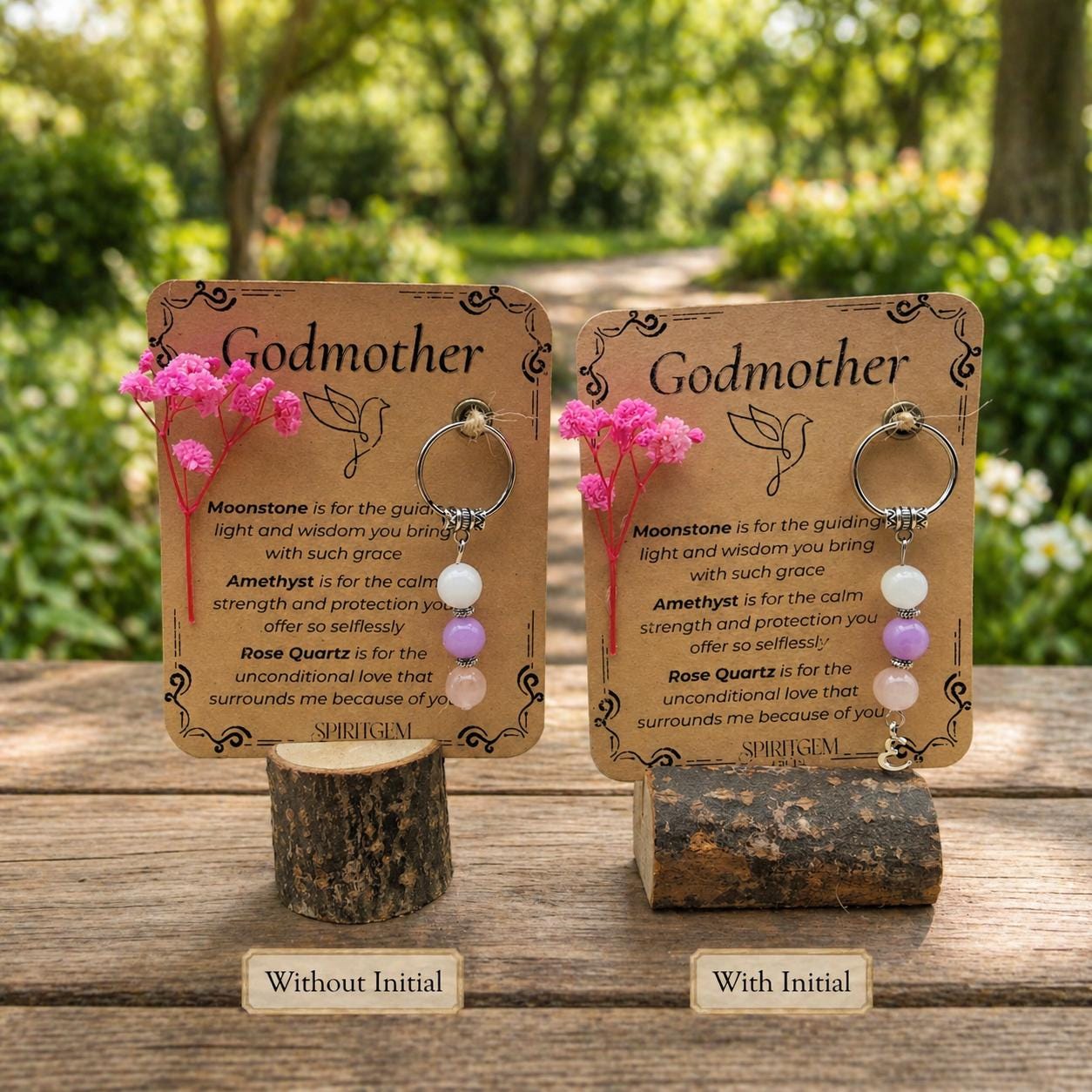 Personalised Godmother Crystal Keyring, Moonstone Amethyst Rose Quartz Gift
