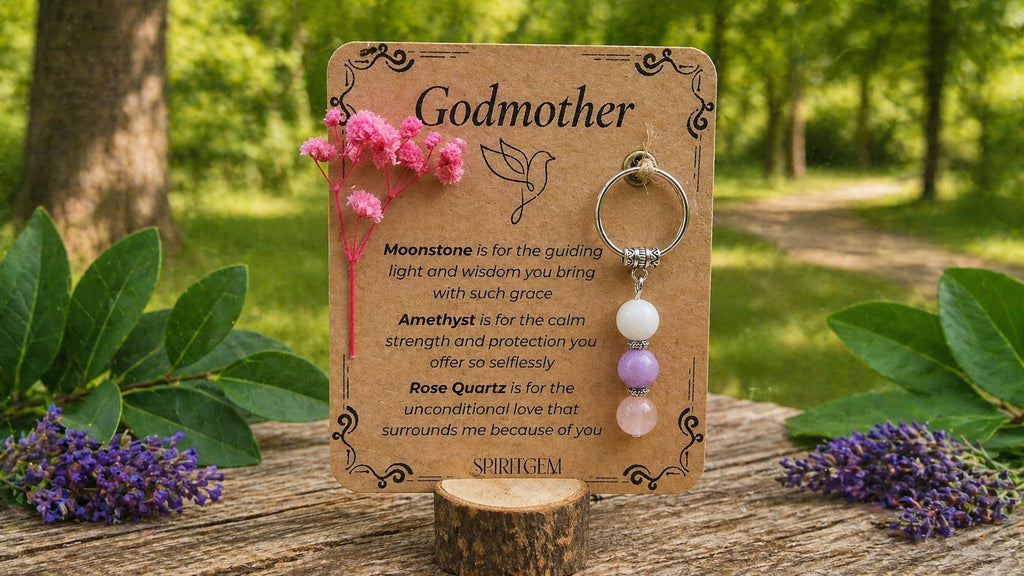 Personalised Godmother Crystal Keyring, Moonstone Amethyst Rose Quartz Gift