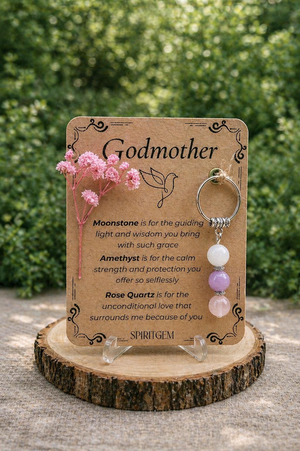 Personalised Godmother Crystal Keyring, Moonstone Amethyst Rose Quartz Gift