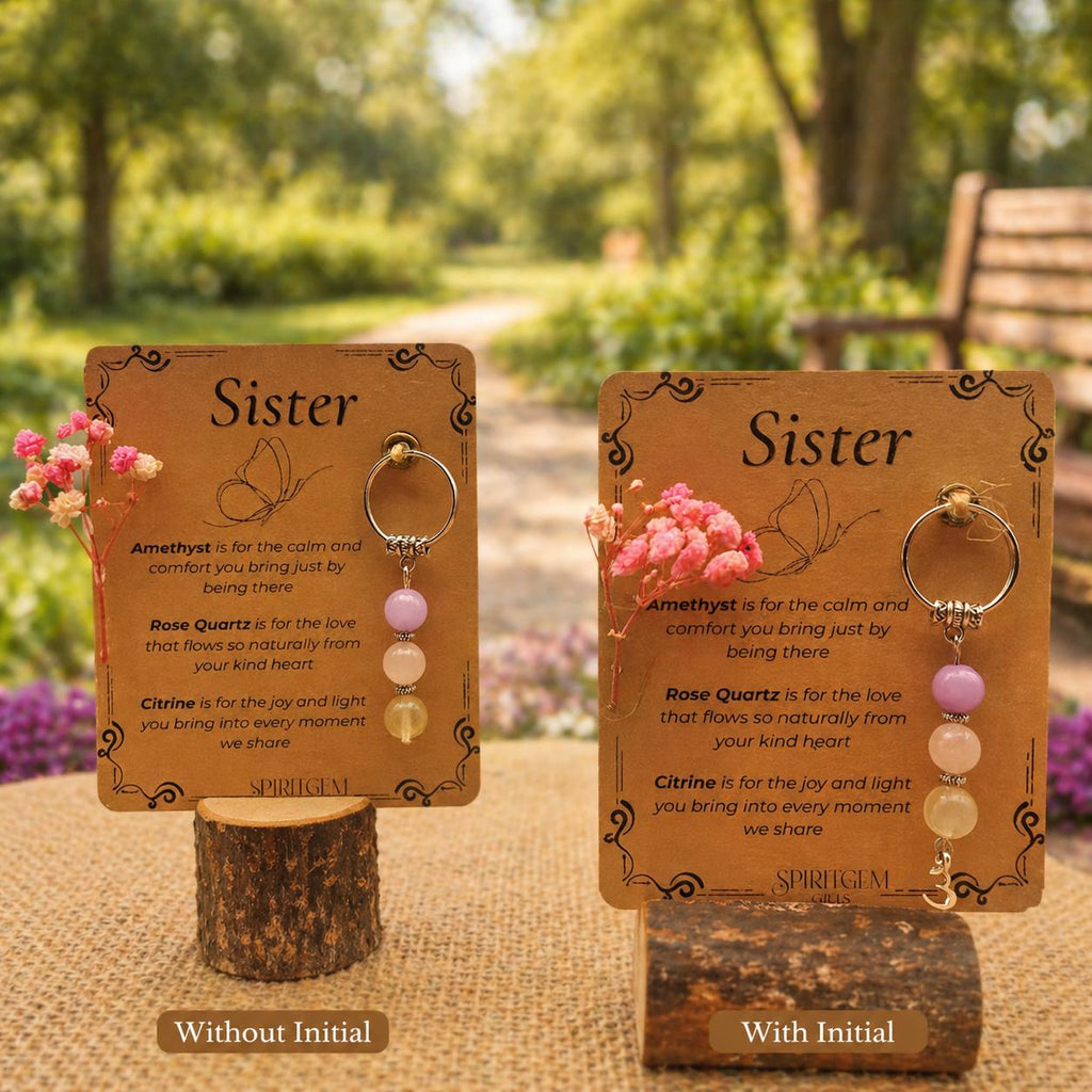 Personalised Sister Gift: Amethyst, Rose Quartz, Citrine Crystal Keyring (Birthday Keepsake)