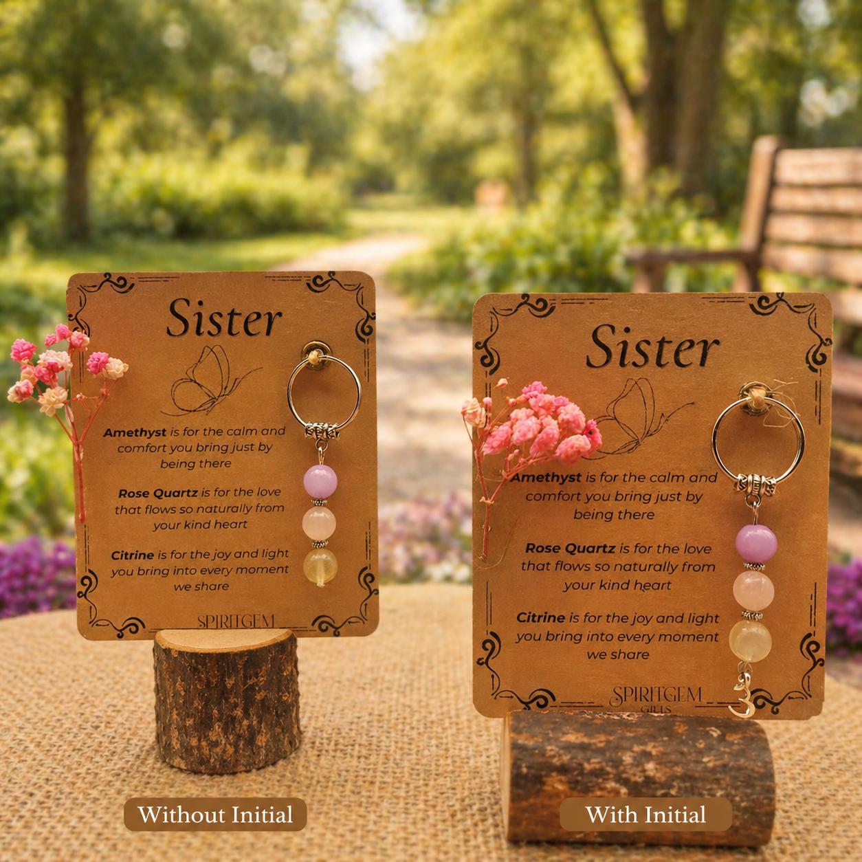 Personalised Sister Gift: Amethyst, Rose Quartz, Citrine Crystal Keyring (Birthday Keepsake)