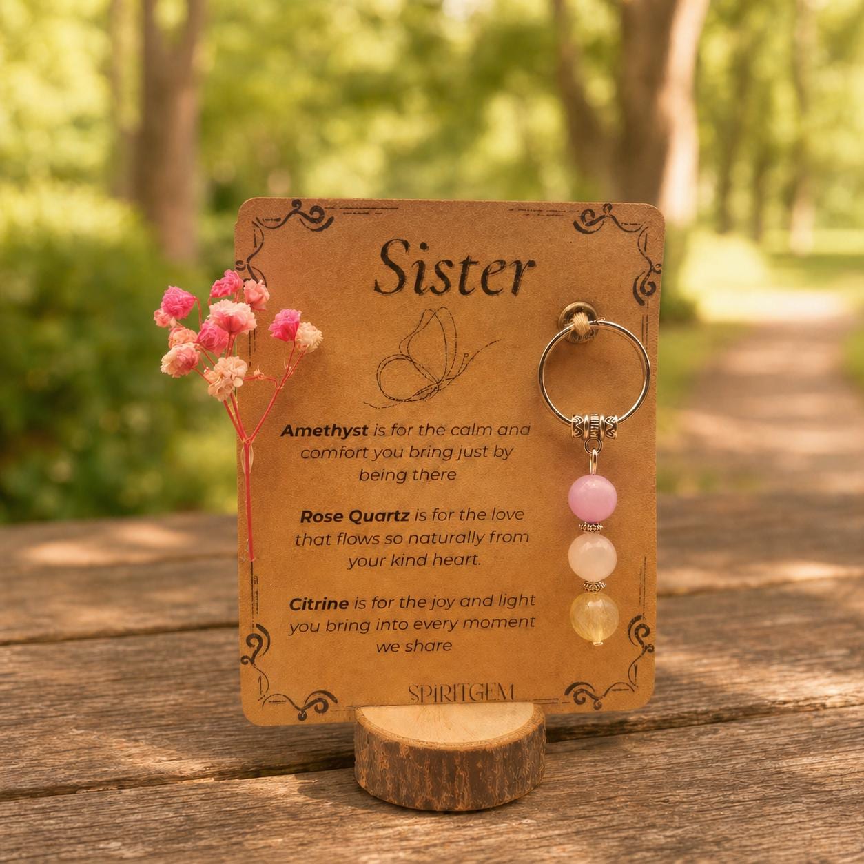 Personalised Sister Gift: Amethyst, Rose Quartz, Citrine Crystal Keyring (Birthday Keepsake)