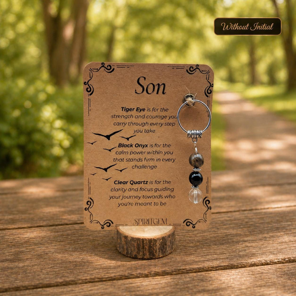 PERSONALISED SON keyring. Gift from Mum or Dad, Crystal Keyring with Meaning, Birthday Keepsake for Teen Boy, Inspirational Gift