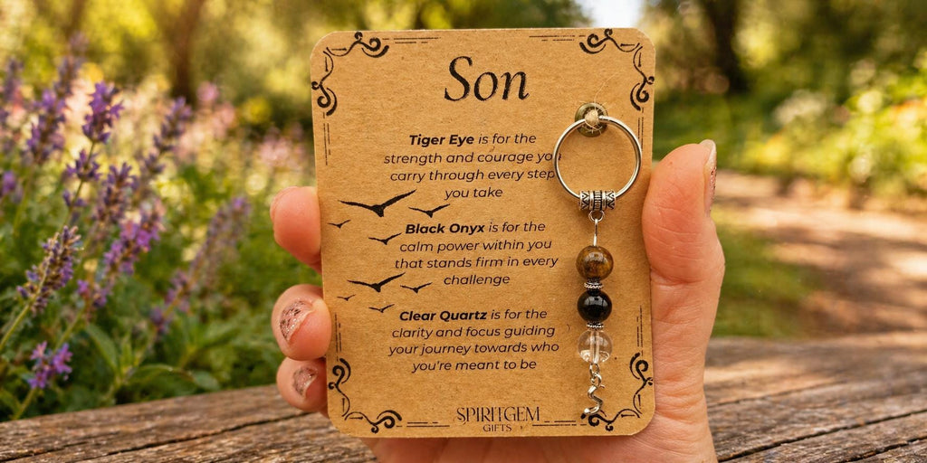 PERSONALISED SON keyring. Gift from Mum or Dad, Crystal Keyring with Meaning, Birthday Keepsake for Teen Boy, Inspirational Gift