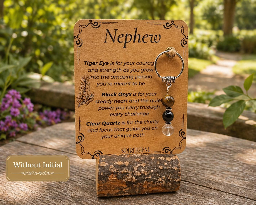 Personalised Nephew Keyring, Tiger Eye, Black Onyx, Clear Quartz, Birthday Keepsake