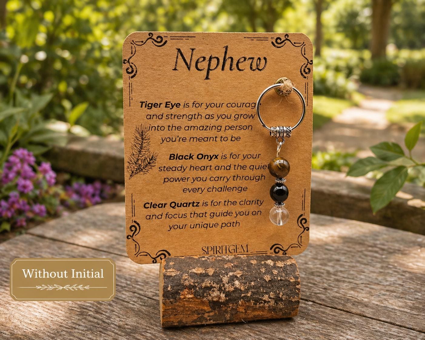 Personalised Nephew Keyring, Tiger Eye, Black Onyx, Clear Quartz, Birthday Keepsake
