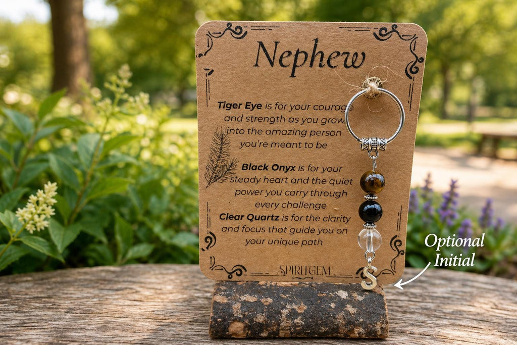 Personalised Nephew Keyring, Tiger Eye, Black Onyx, Clear Quartz, Birthday Keepsake