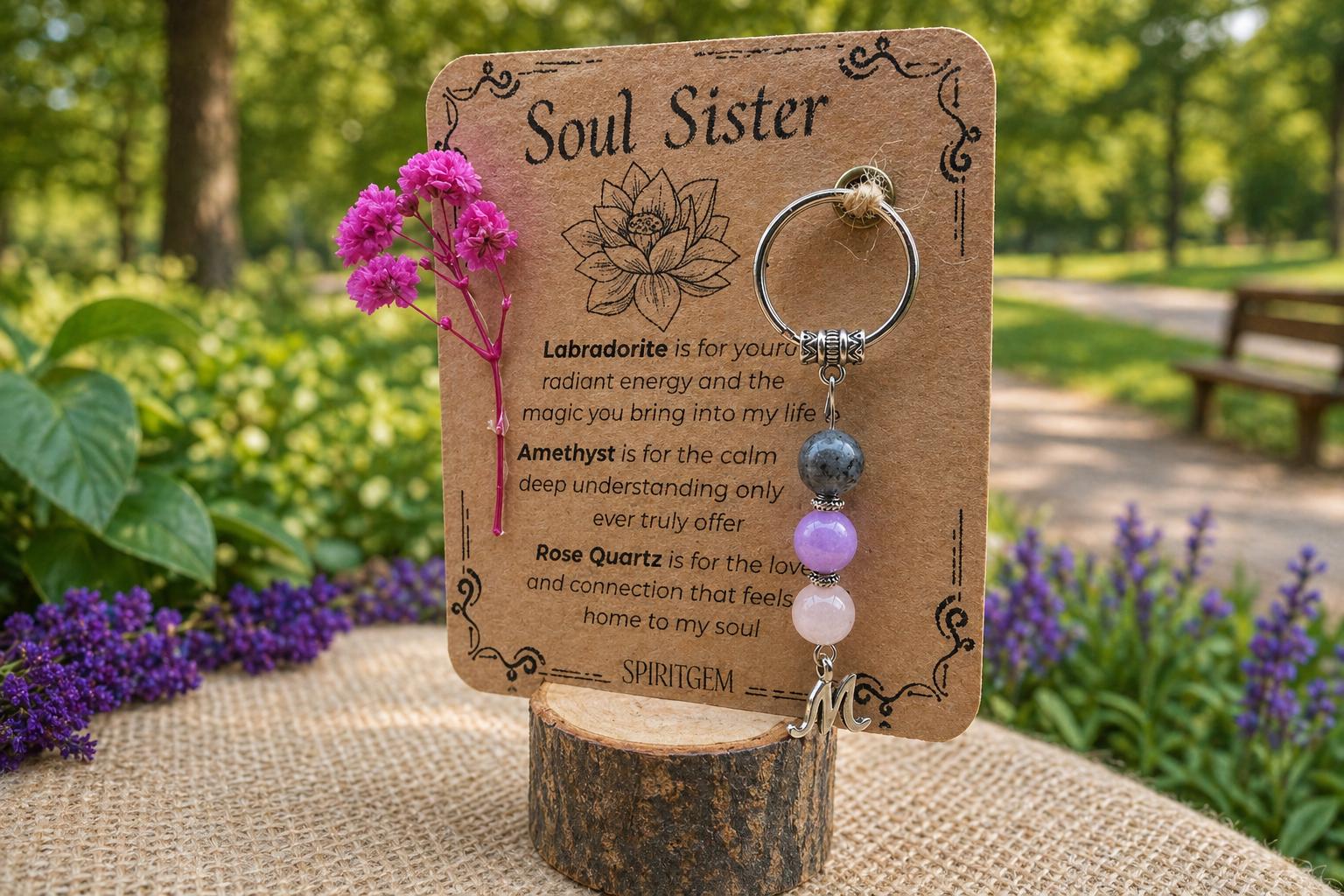 Personalised Soul Sister Gift Keyring, Labradorite Amethyst Rose Quartz