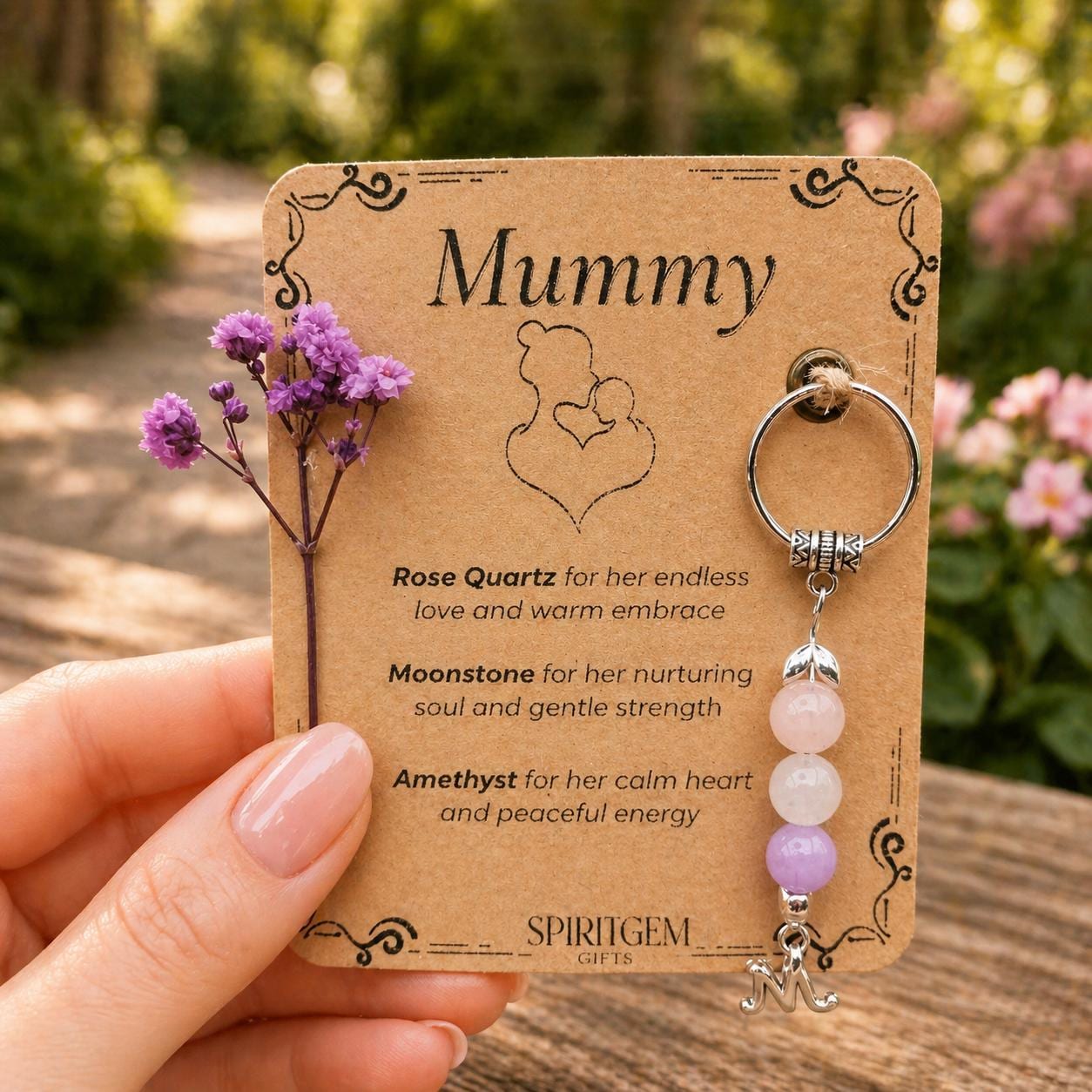 Personalised Mummy Keepsake: Rose Quartz, Moonstone, Amethyst Gemstone Charm