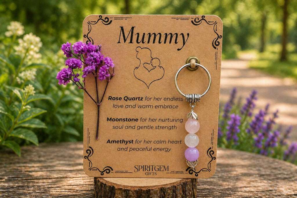 Personalised Mummy Keepsake: Rose Quartz, Moonstone, Amethyst Gemstone Charm