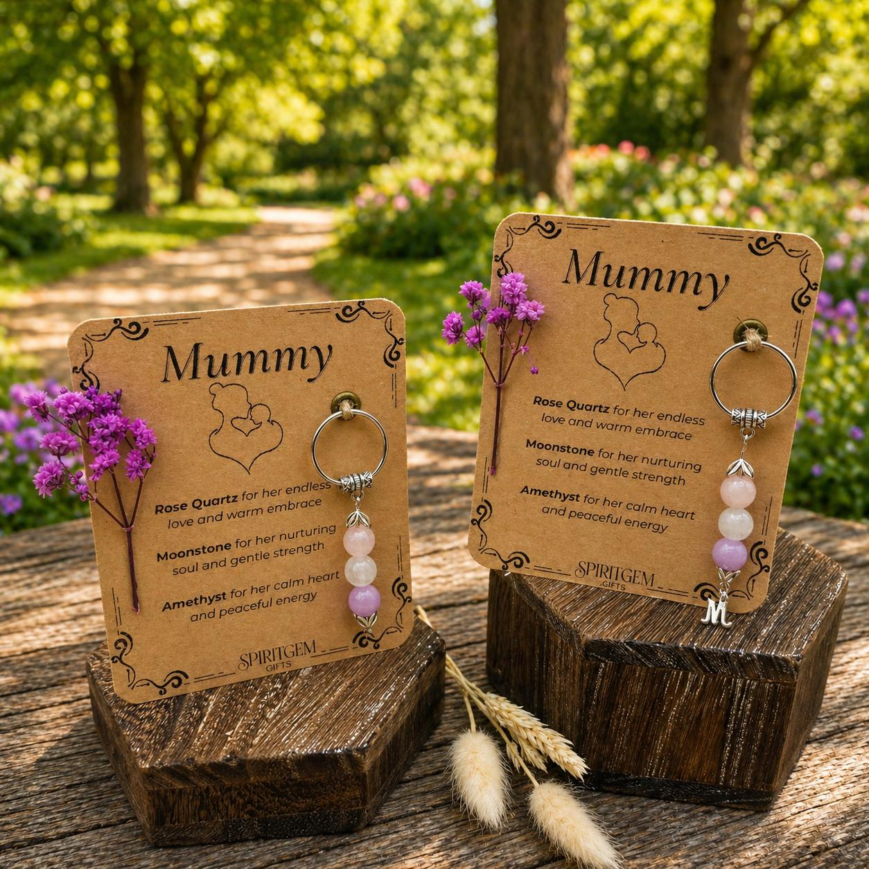 Personalised Mummy Keepsake: Rose Quartz, Moonstone, Amethyst Gemstone Charm