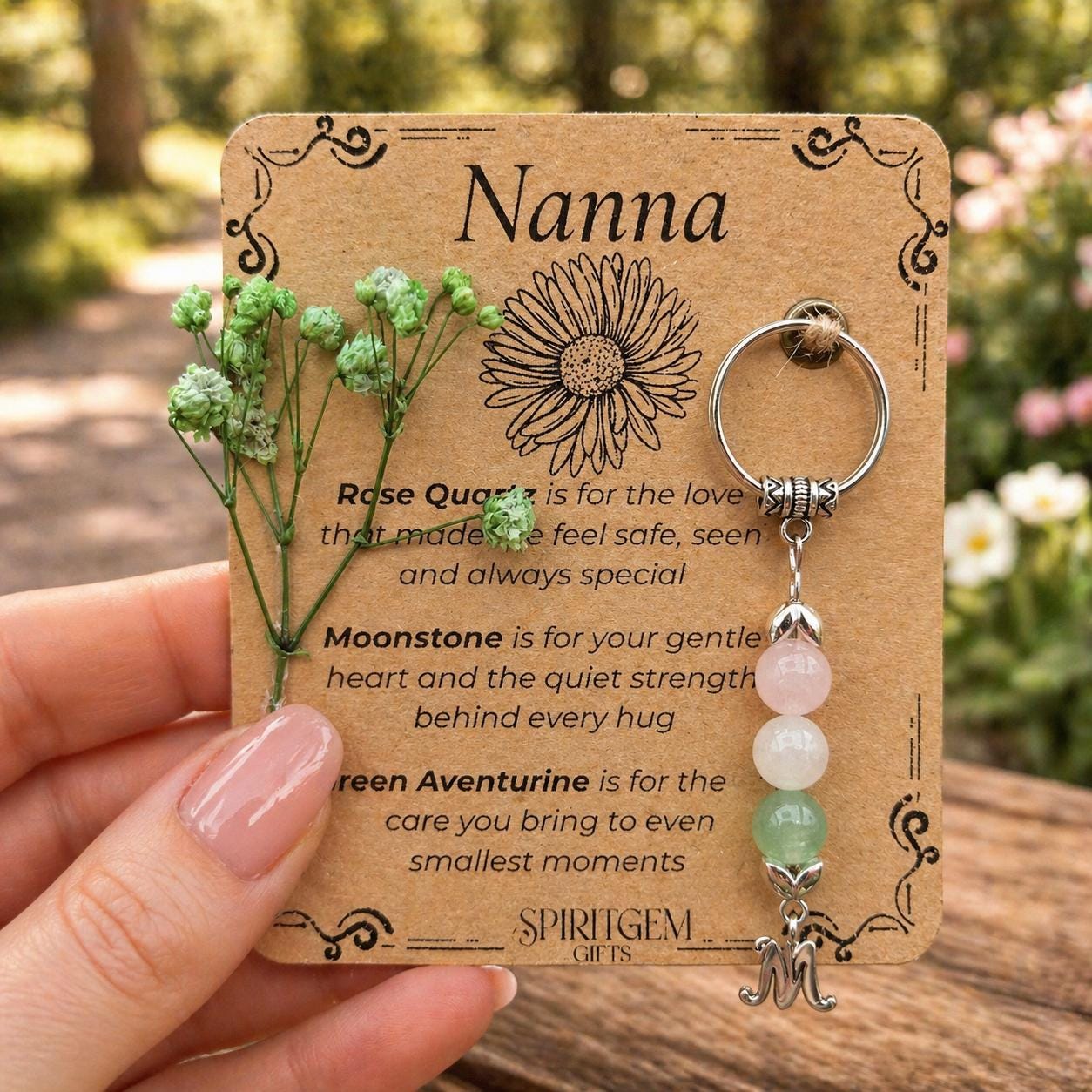 Personalised Nanna Keepsake: Rose Quartz, Moonstone, Aventurine Gemstone Keychain