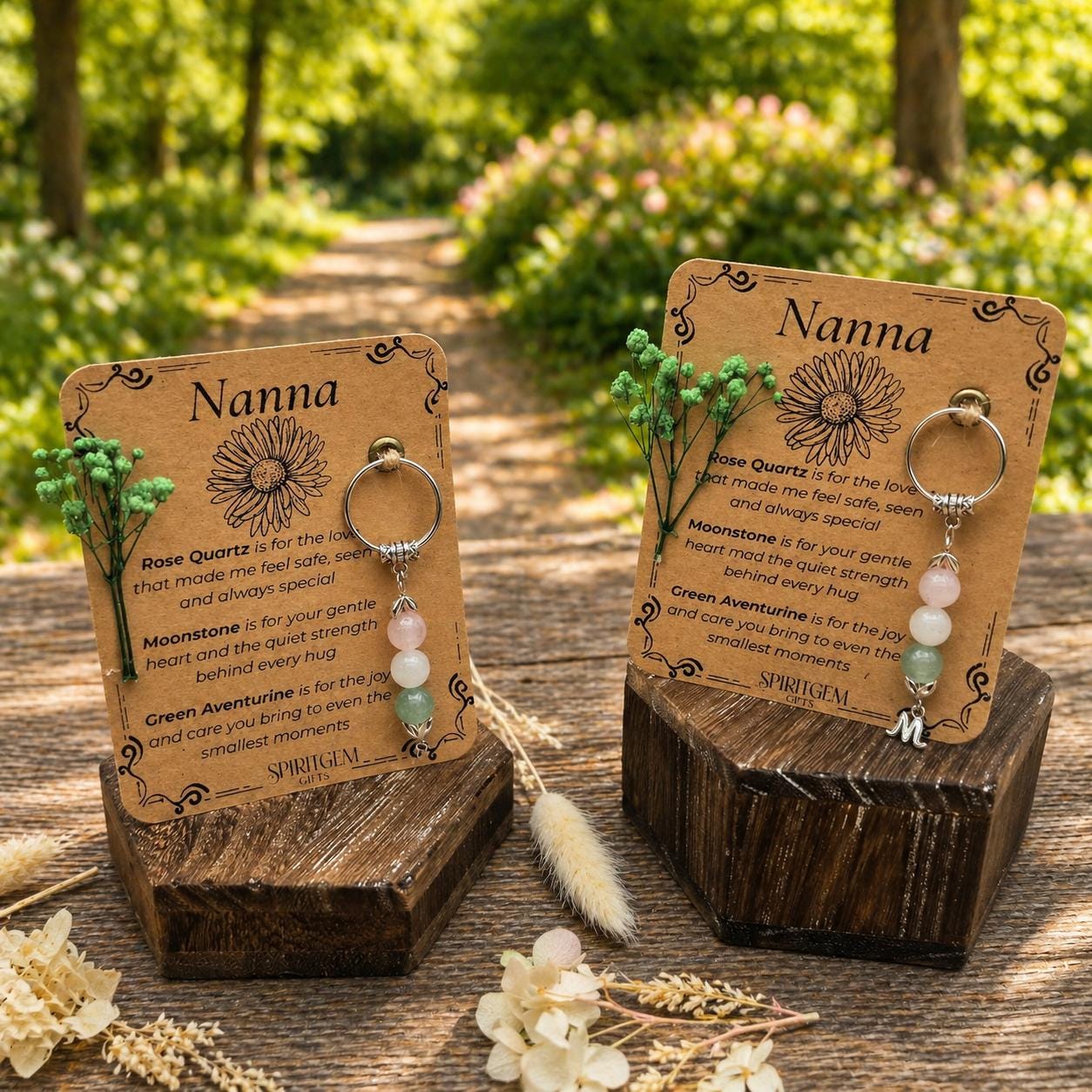Personalised Nanna Keepsake: Rose Quartz, Moonstone, Aventurine Gemstone Keychain