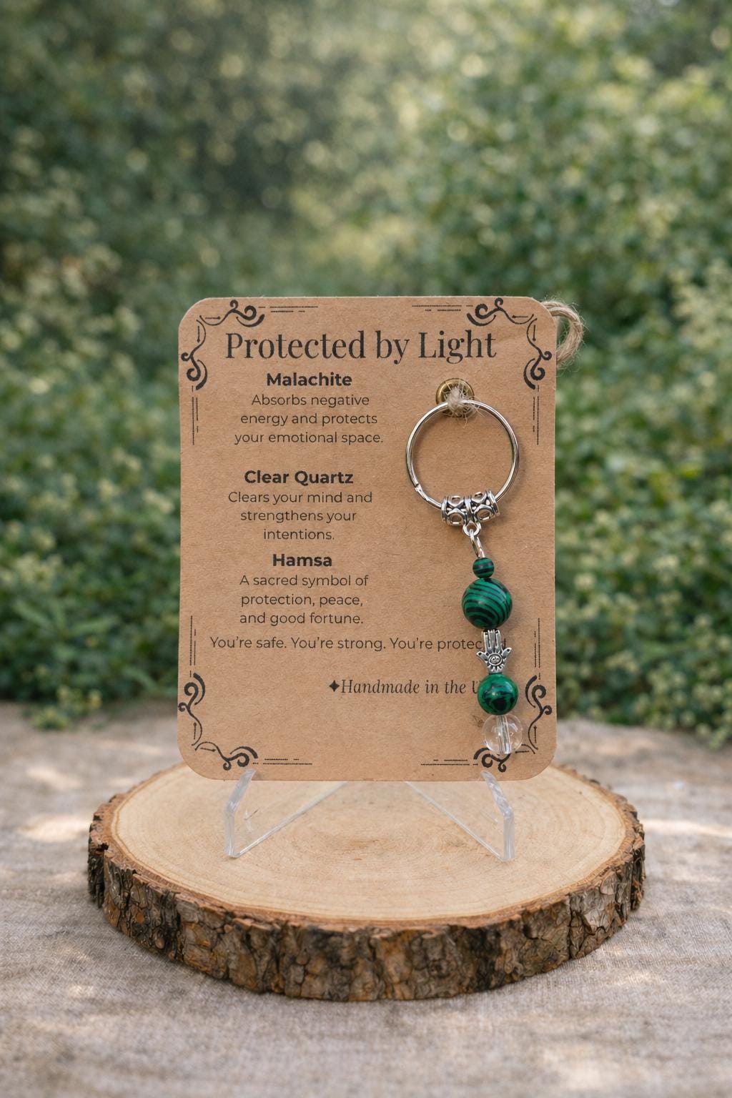 Personalised Anxiety Relief Gift Malachite Clear Quartz Hamsa Keyring, , UK Handmade