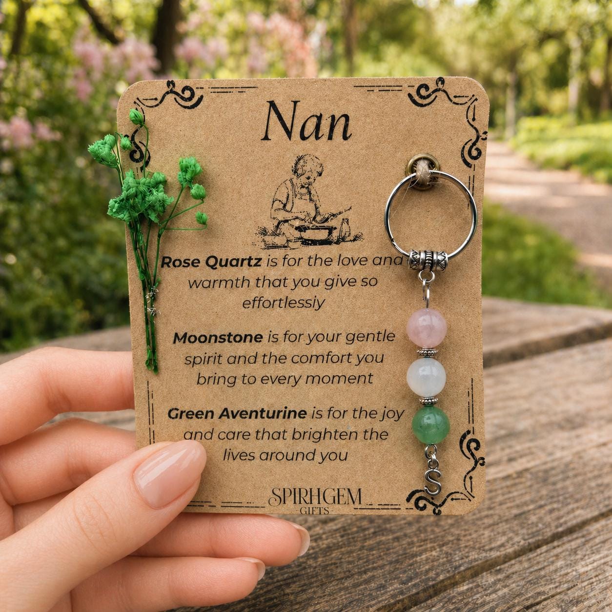 Personalised Nan Keepsake: Rose Quartz, Moonstone, Aventurine Gemstone Charm