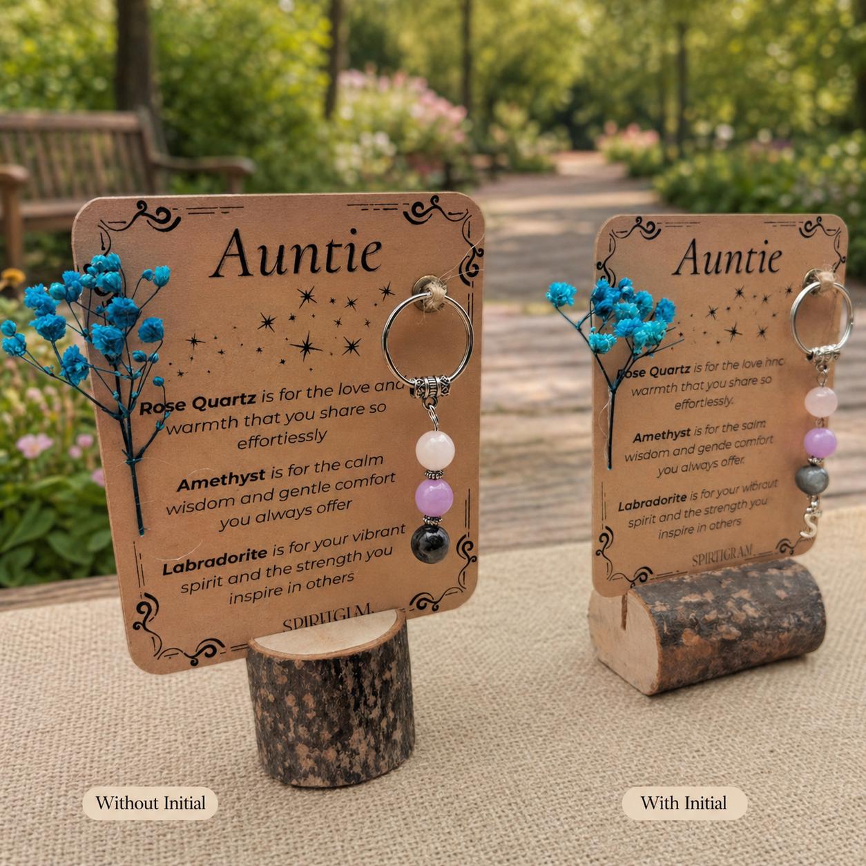PERSONALISED AUNTIE crystal keyring gift with message card. Gemstone gift for aunt . Auntie Keepsake  Best Auntie. Birthday. New Aunts gift