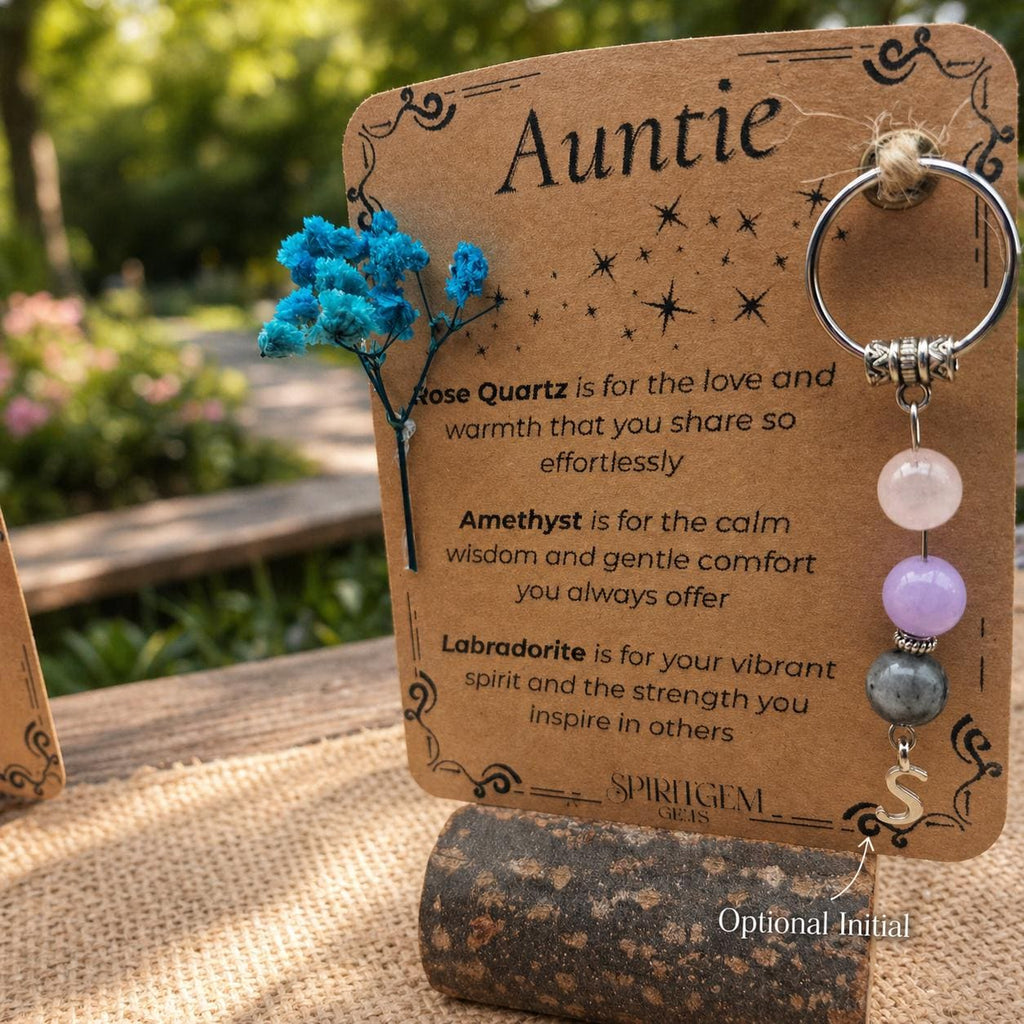 PERSONALISED AUNTIE crystal keyring gift with message card. Gemstone gift for aunt . Auntie Keepsake  Best Auntie. Birthday. New Aunts gift