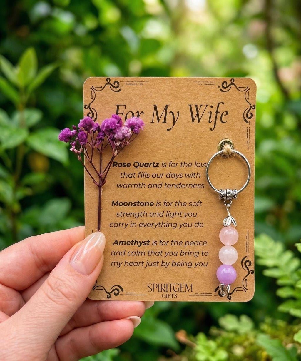 Personalised Wife Keyring, Rose Quartz Moonstone Amethyst Gemstone Charm