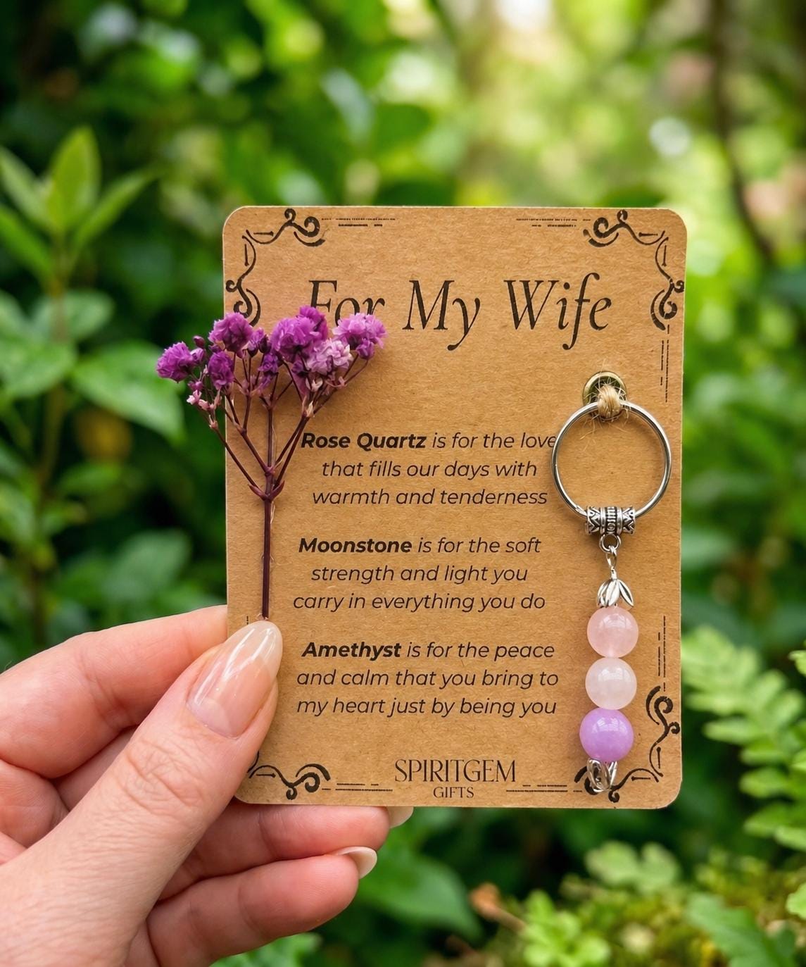 Personalised Wife Keyring, Rose Quartz Moonstone Amethyst Gemstone Charm